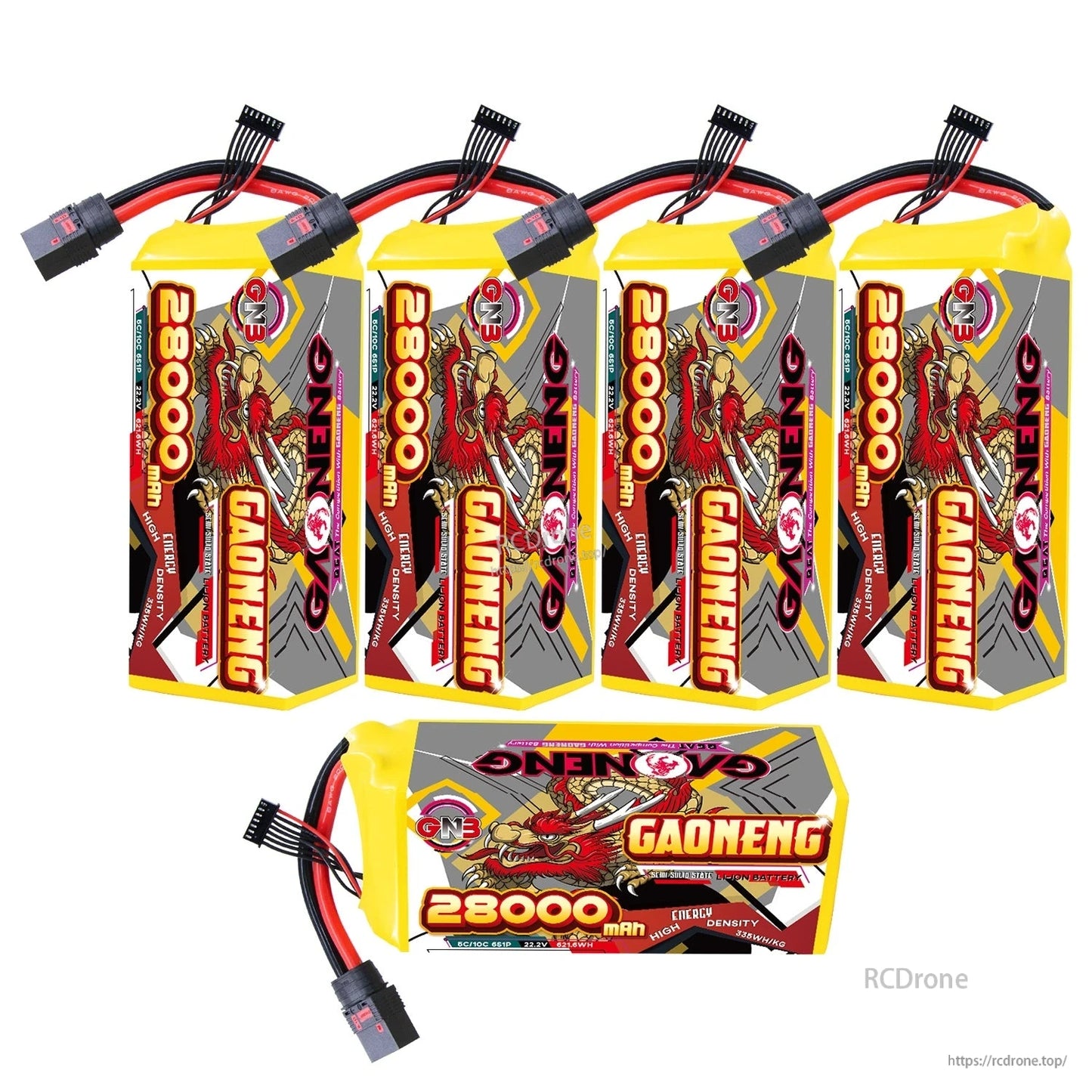 Five-pack layout: four GAONENG 28000mAh batteries standing plus one battery shown horizontally