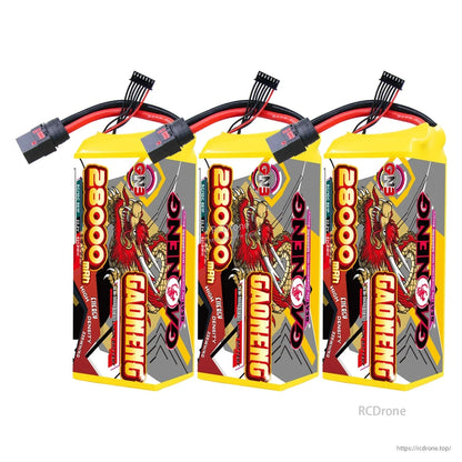 Three GAONENG 28000mAh 6S battery packs lined up, each with discharge lead and balance plug