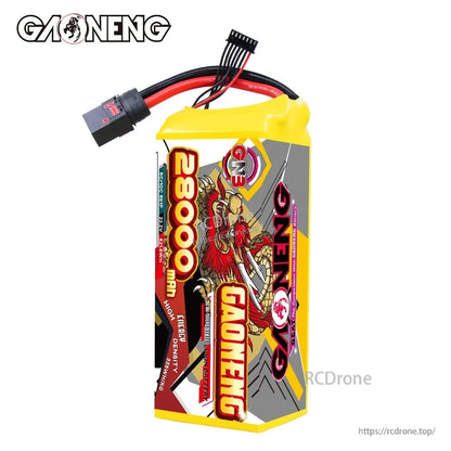 Side view of GAONENG 28000mAh battery pack showing label artwork and top-exit power and balance leads