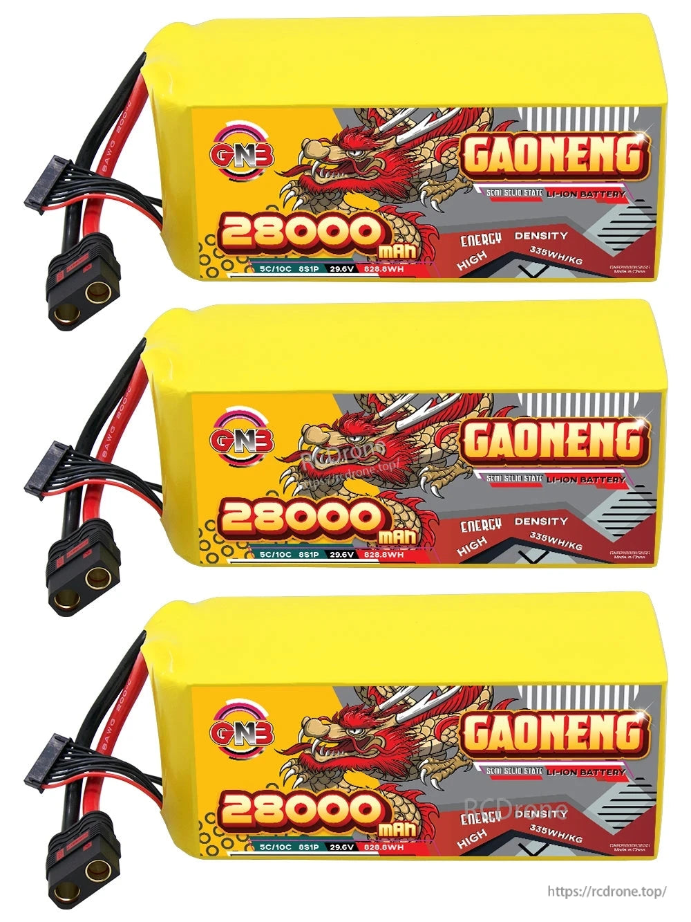 Three GAONENG 28000mAh battery packs stacked vertically with QS8-style discharge leads