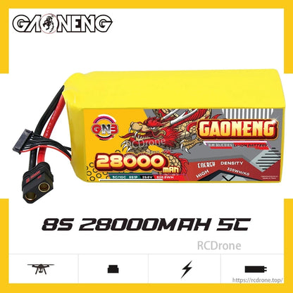 GNB 8S 28000mAh 5C battery side view with label showing 29.6V and 828Wh rating