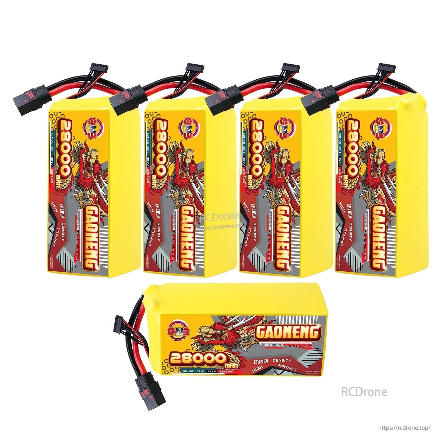 Five-pack set display: four upright GAONENG 28000mAh packs plus one horizontal pack