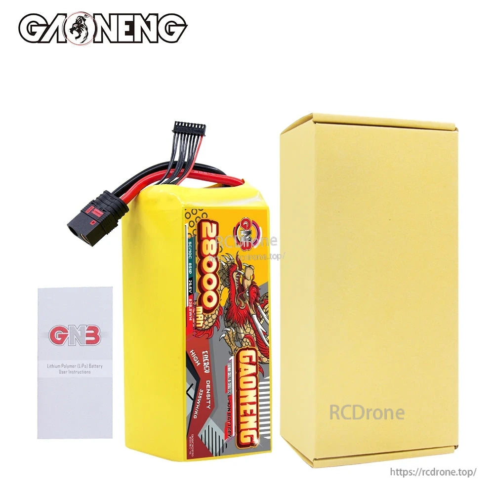 Package contents: GAONENG 28000mAh battery, plain cardboard box, and GNB leaflet