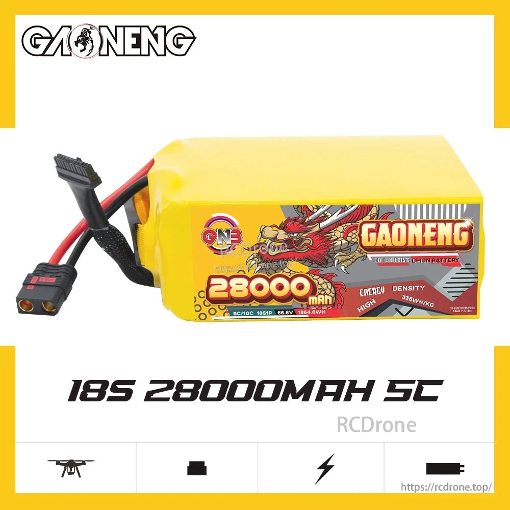 GAONENG GNB 18S 28000mAh 5C battery pack side profile with application icons