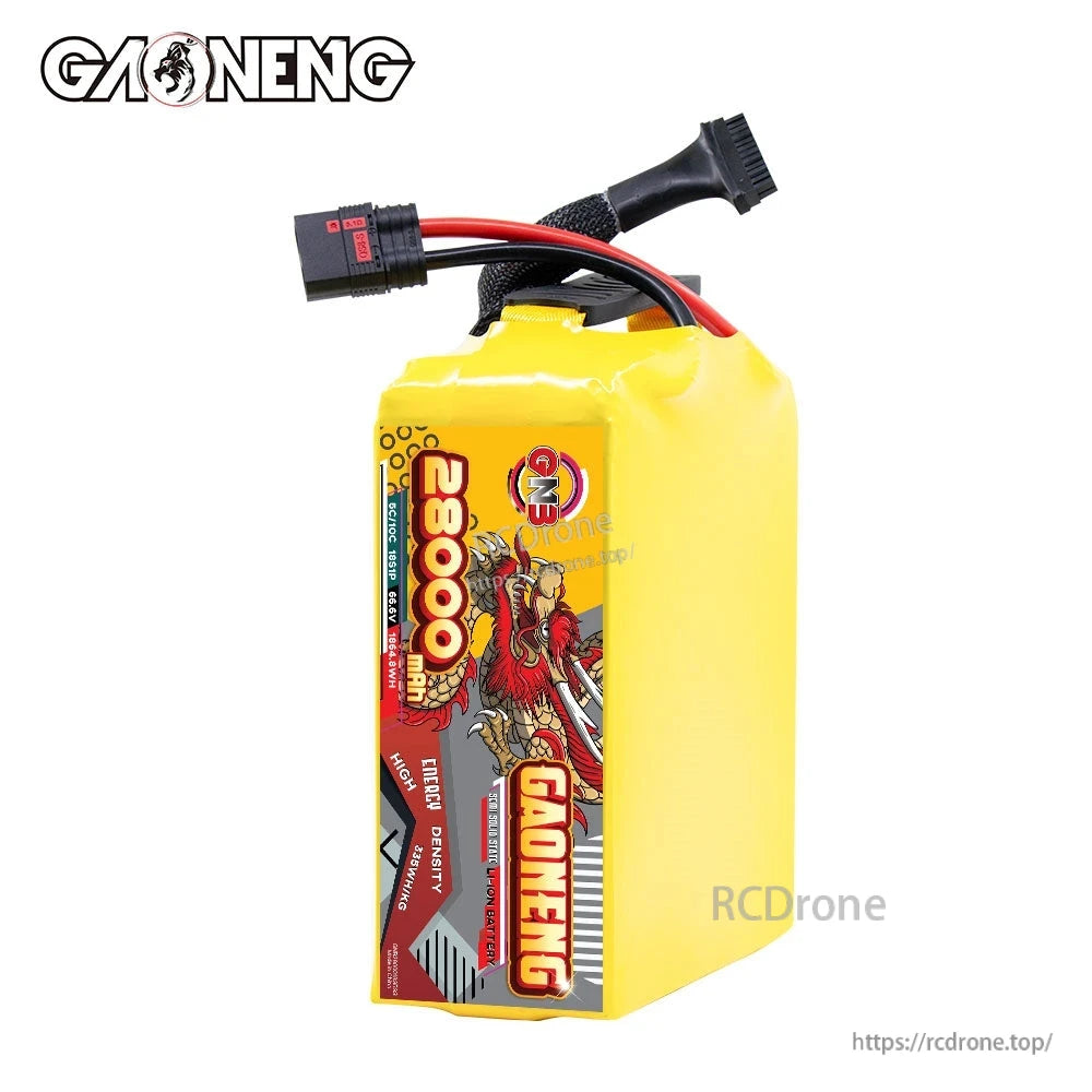 Front label view of yellow GAONENG battery pack with discharge and balance leads