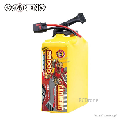 Front label view of yellow GAONENG battery pack with discharge and balance leads