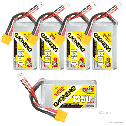 Five GAONENG GNB 1550mAh 2S LiPo batteries shown—four upright plus one horizontal