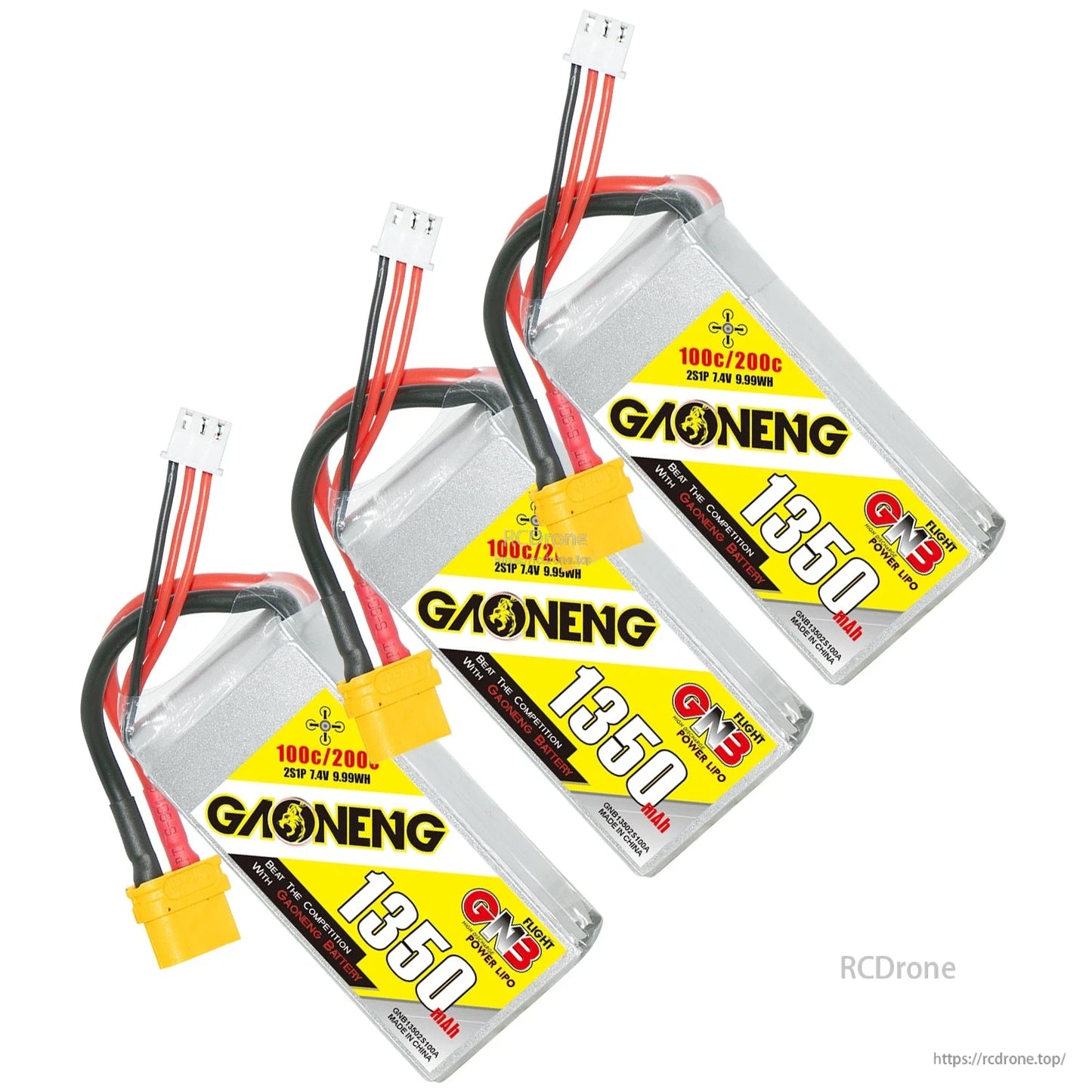 Three GAONENG GNB 1550mAh 2S LiPo batteries with XT60 connectors shown together