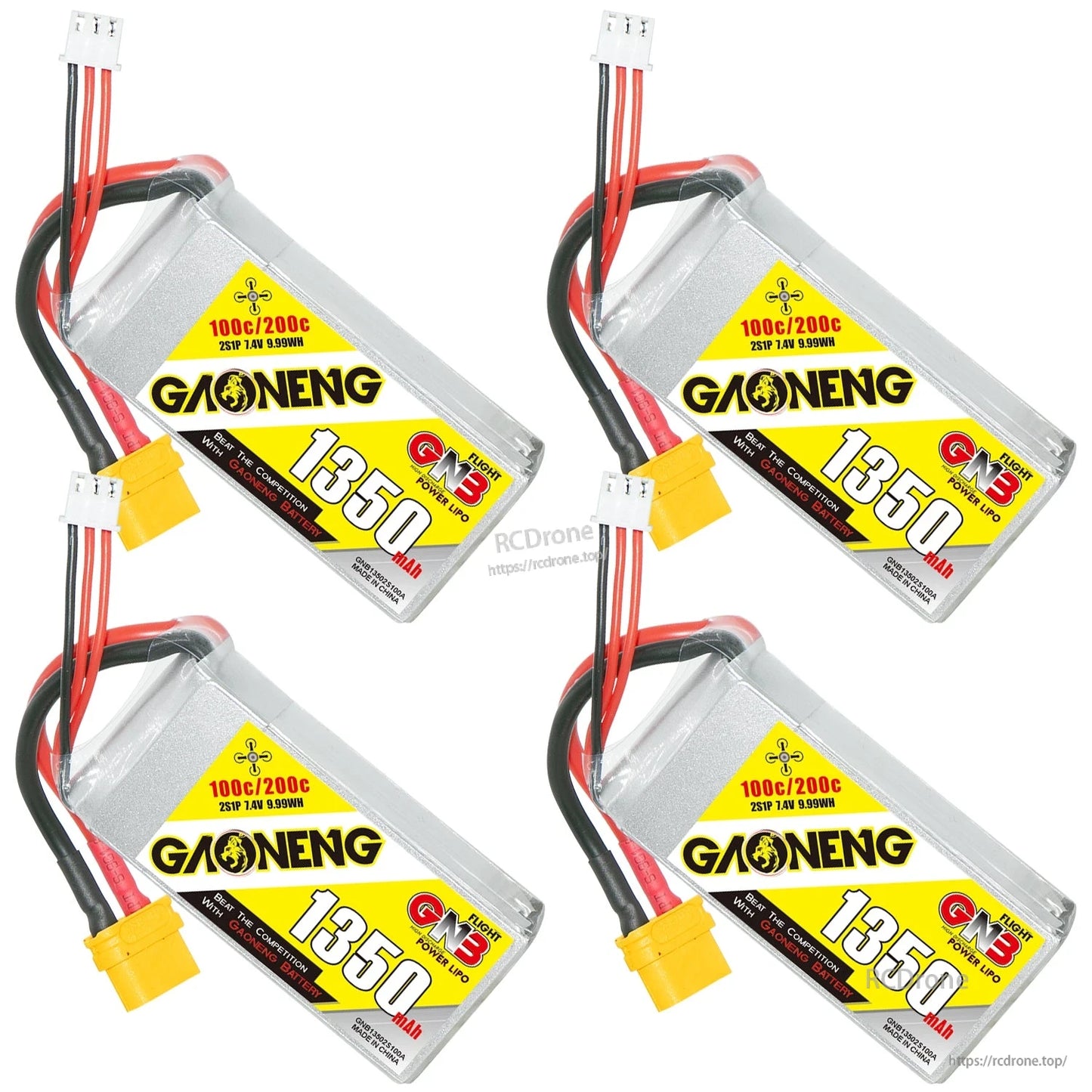 Four-pack layout of GAONENG GNB 1550mAh 2S LiPo batteries with XT60 leads