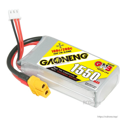 Angled close-up of GNB 1550mAh LiPo pack showing yellow XT60 plug and balance connector