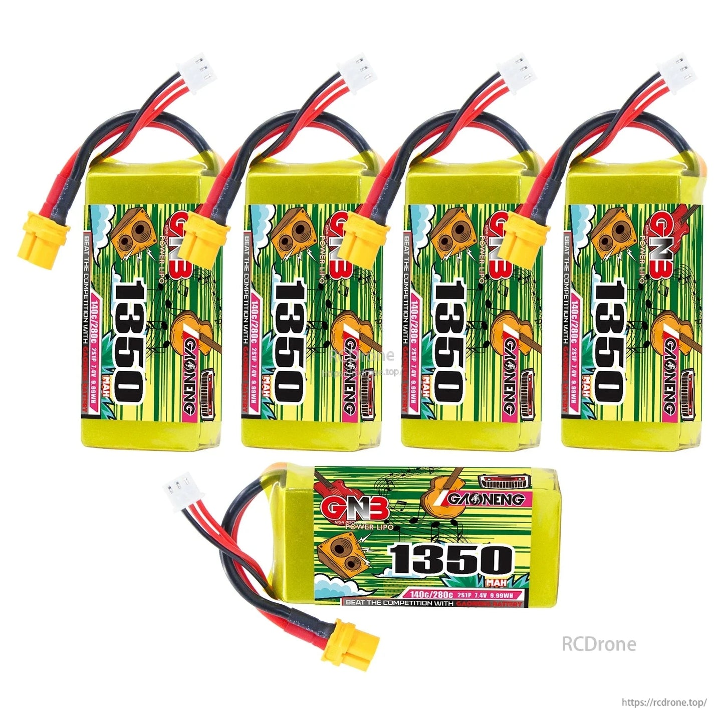 Five GNB 1350 batteries set, four standing and one horizontal showing label and connectors