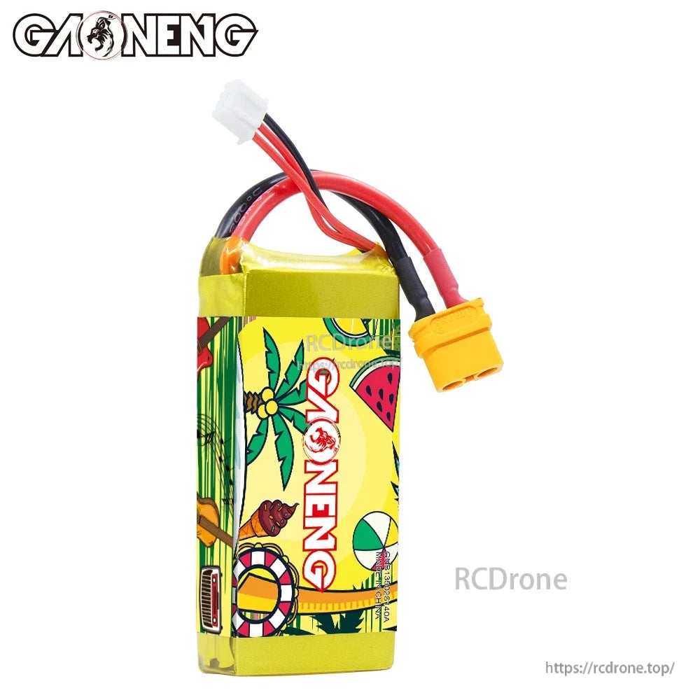 GAONENG GNB 1350 battery back/side artwork view with attached XT60 lead and balance plug