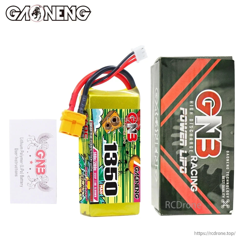 Package contents: GNB 1350 battery, retail box, and instruction leaflet shown together