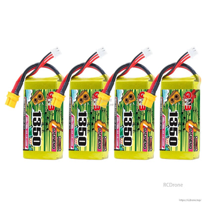 Four GNB 1350 batteries lined up, showing side label orientation and XT60 leads
