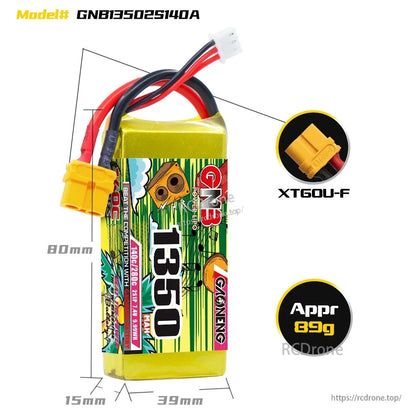 GNB13502S140A LiPo battery dimensions diagram with XT60U-F connector close-up and approx weight