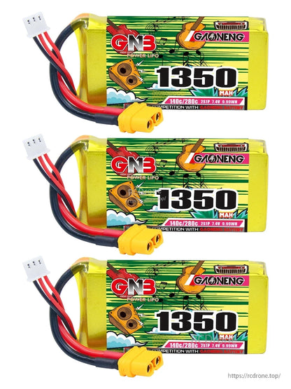 Three GNB 1350 batteries shown stacked in a vertical set, each with XT60 plug and balance lead