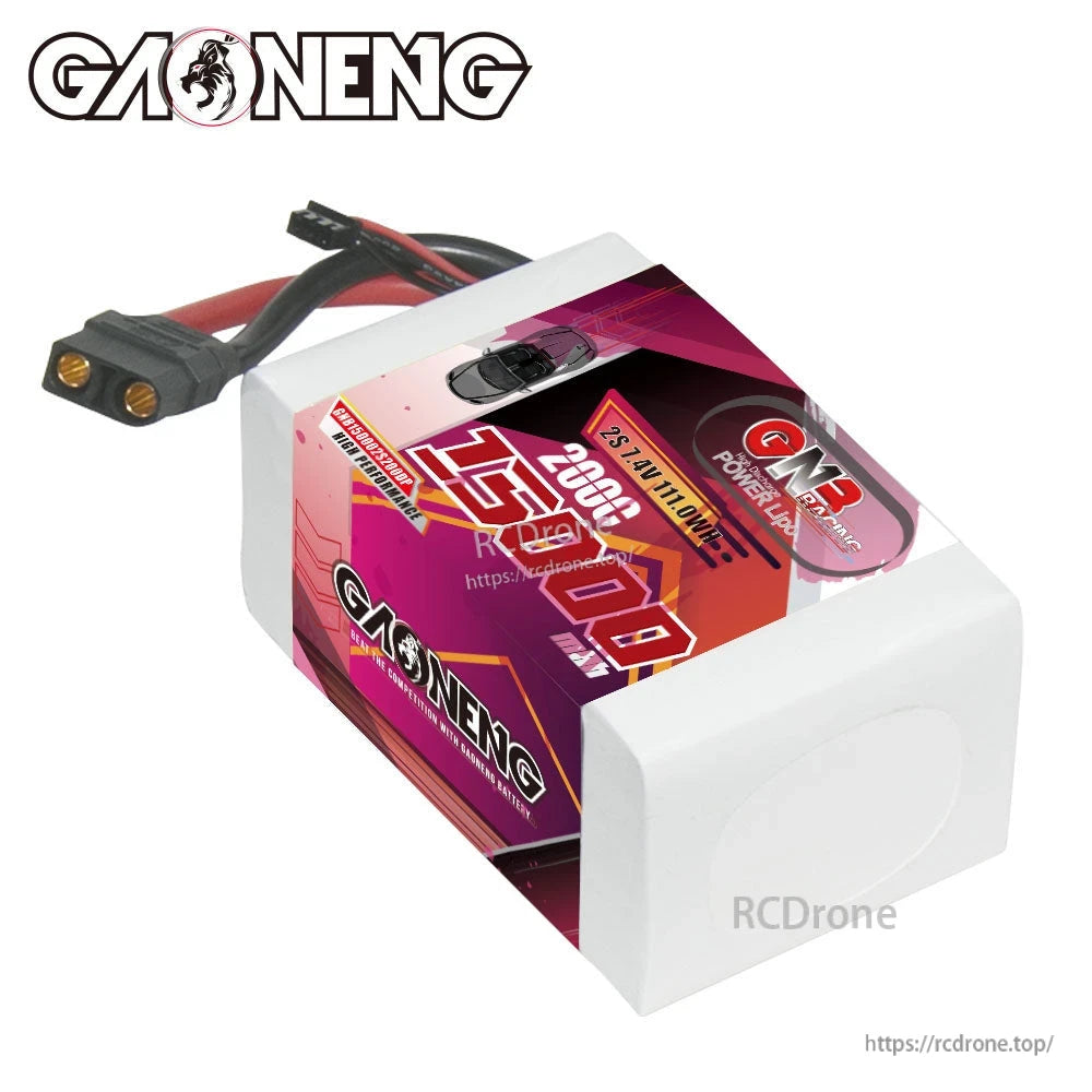 Angled top view of GAONENG 15000mAh 2S LiPo battery showing label panel and XT90 connector close-up