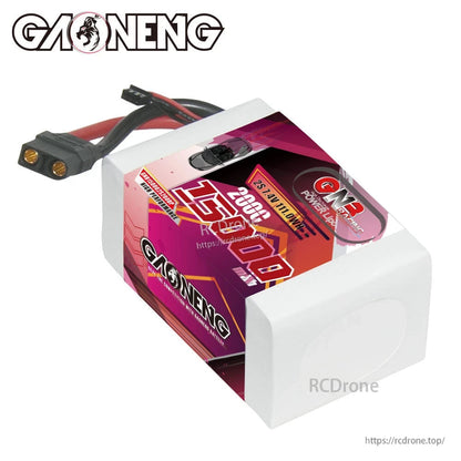 Angled top view of GAONENG 15000mAh 2S LiPo battery showing label panel and XT90 connector close-up