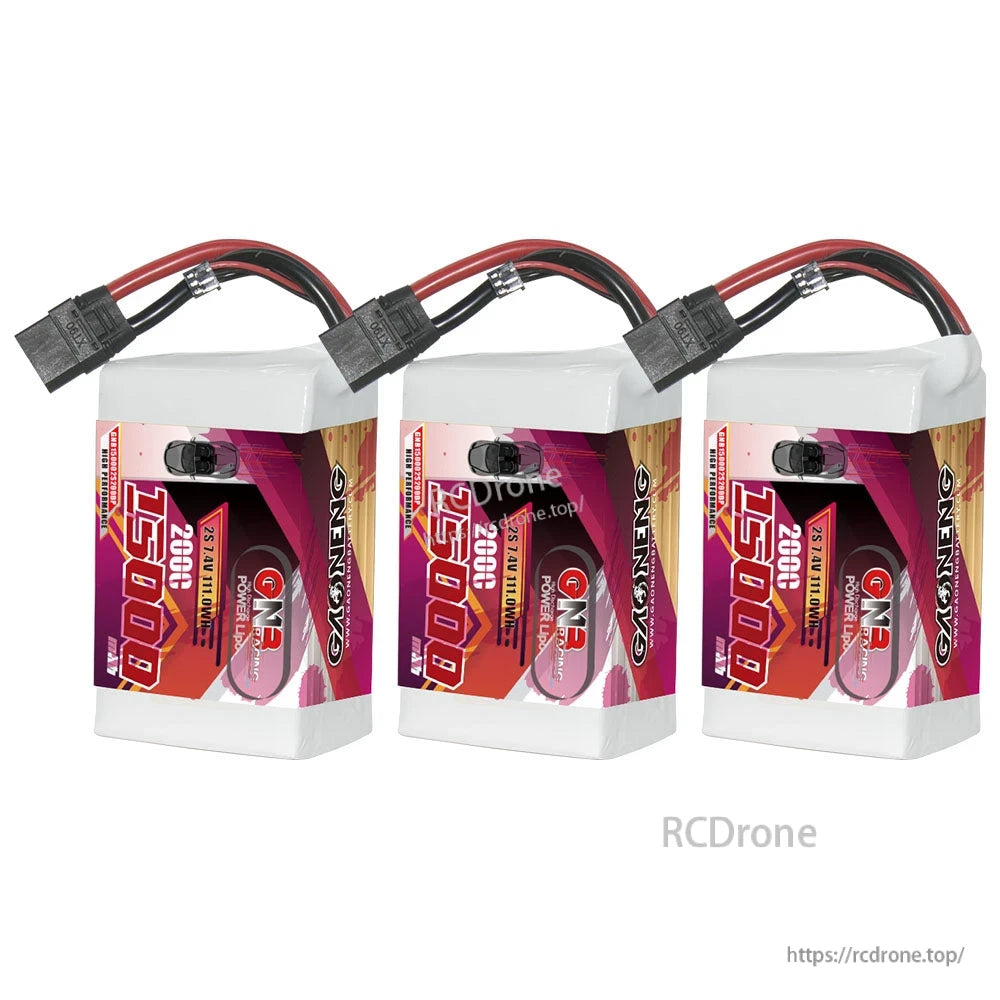 Three-pack display of GAONENG 15000mAh 2S LiPo batteries with attached power leads on white background