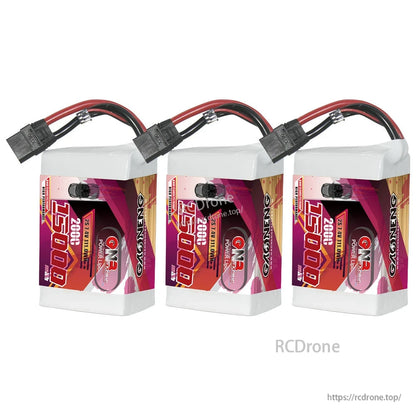 Three-pack display of GAONENG 15000mAh 2S LiPo batteries with attached power leads on white background