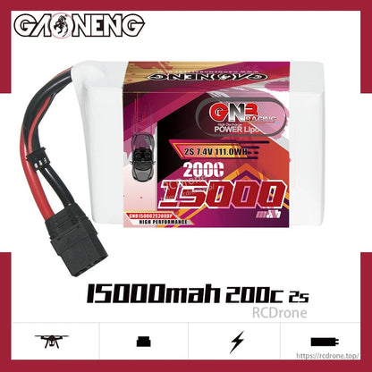 GAONENG GNB 2S 7.4V 15000mAh 200C LiPo Battery hero graphic with capacity and C-rate text