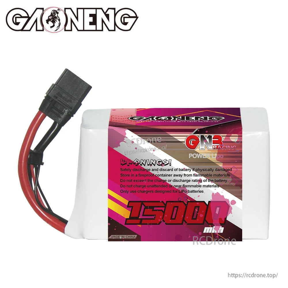 Rear label view of GAONENG 15000mAh LiPo battery showing safety warning text and attached power lead
