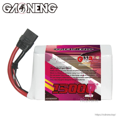 Rear label view of GAONENG 15000mAh LiPo battery showing safety warning text and attached power lead