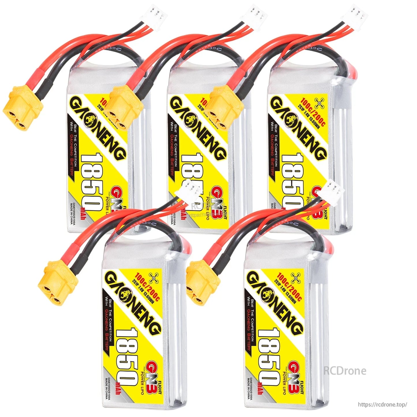 Five GNB 1850mAh LiPo batteries bundle display with yellow XT60 plugs and balance leads