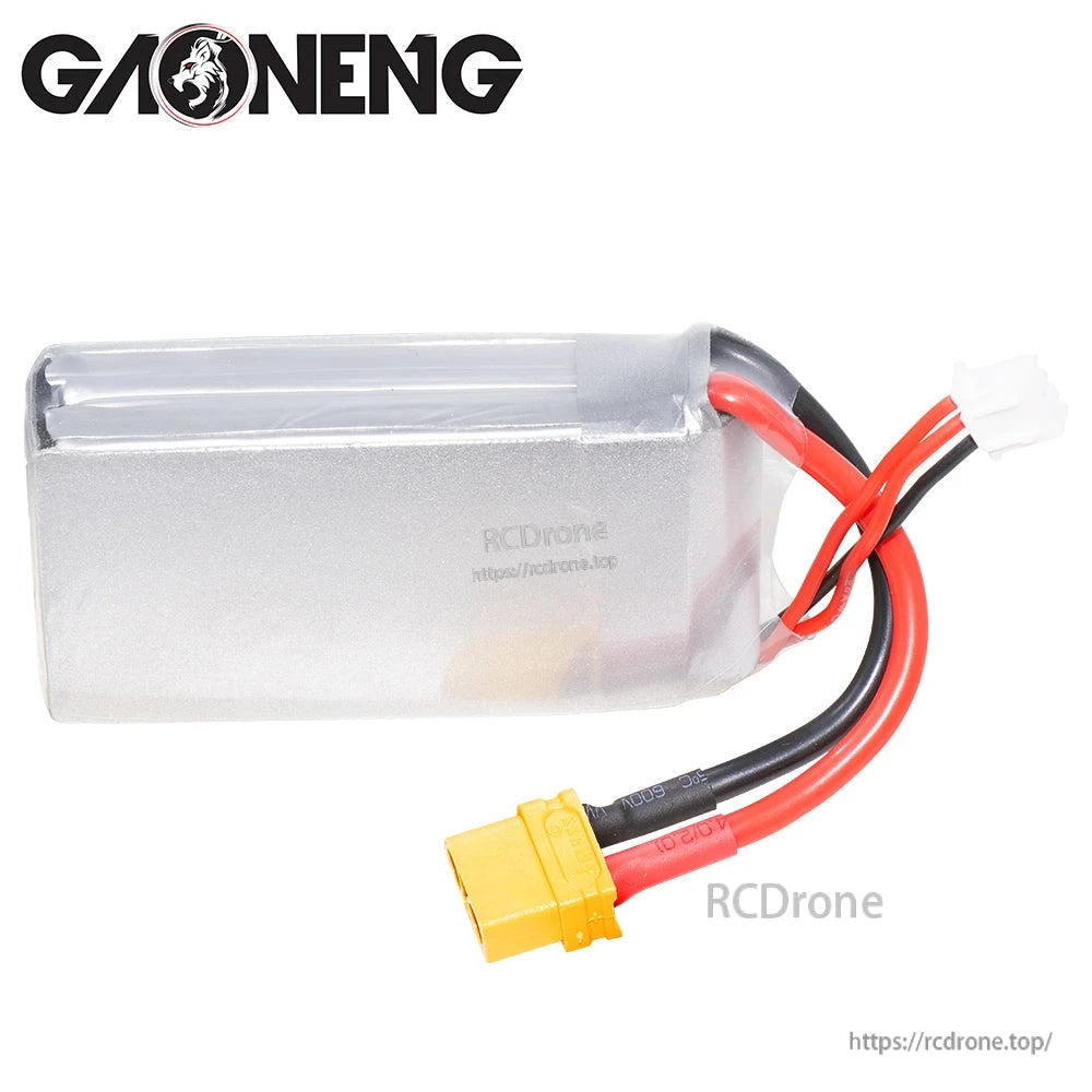 Rear view of GAONENG LiPo battery showing plain silver shrink wrap, wiring exit and XT60 connector