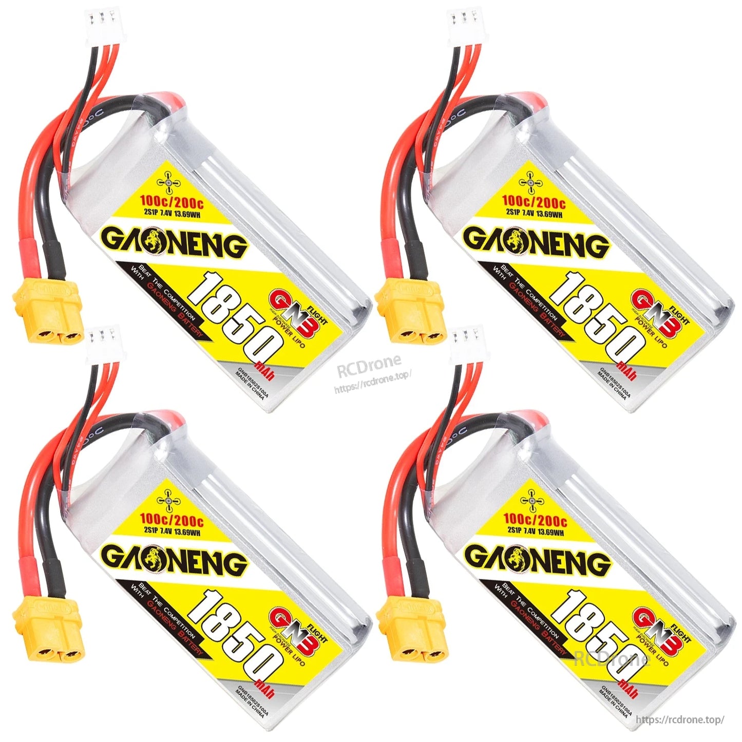 Four GNB 1850mAh LiPo batteries arranged in grid, each with XT60 plug and balance connector