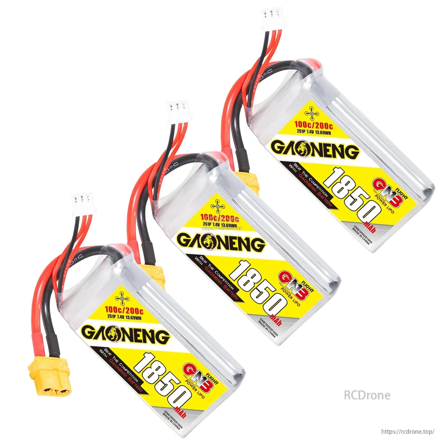 Three GNB 1850mAh LiPo batteries set shown with XT60 connectors and balance leads