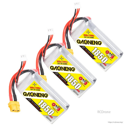 Three GNB 1850mAh LiPo batteries set shown with XT60 connectors and balance leads