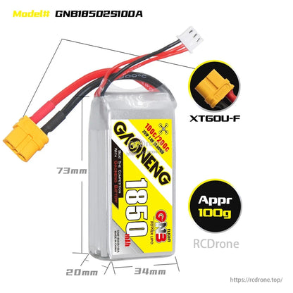 1850mAh LiPo battery dimensions graphic showing approx 73×34×20mm and XT60U-F connector detail