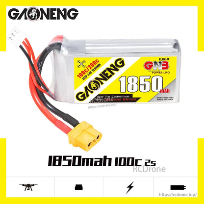 GAONENG GNB 2S 7.4V 1850mAh 100C LiPo Battery side profile with wires and XT60 plug on white background
