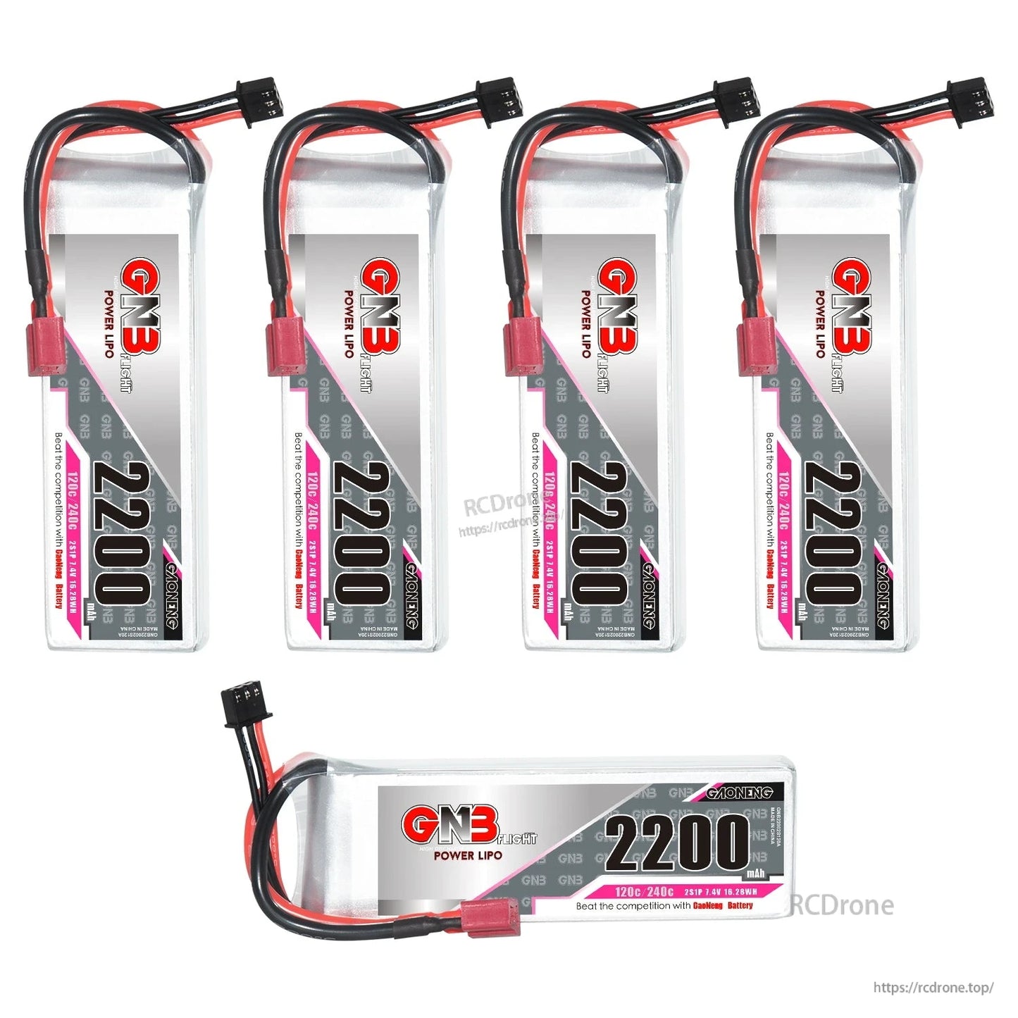 Four upright and one horizontal 2200mAh 2S LiPo batteries group display