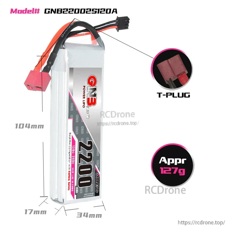 Battery size and connector details, 104 x 34 x 17 mm with T-plug close-up