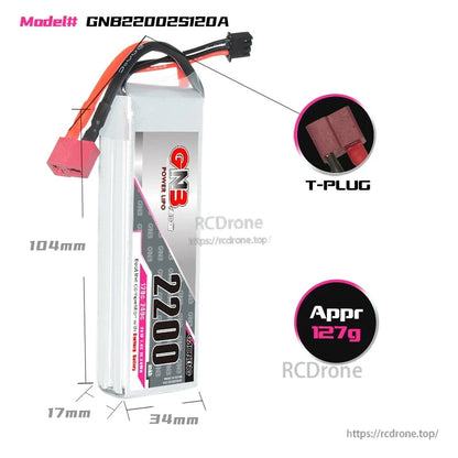 Battery size and connector details, 104 x 34 x 17 mm with T-plug close-up