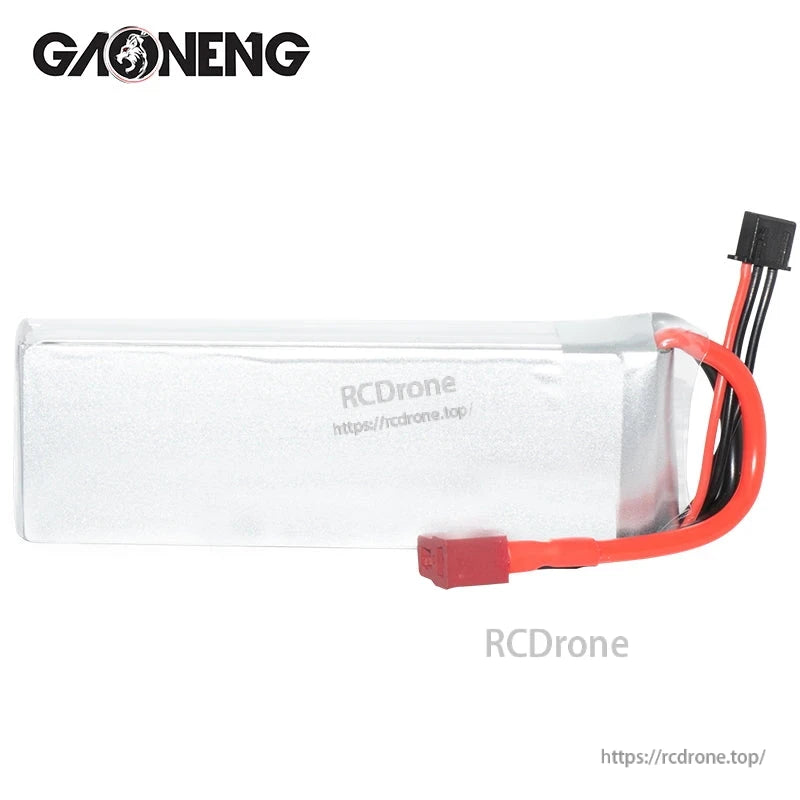 Rear view of silver LiPo battery pack with red T-plug and black balance connector