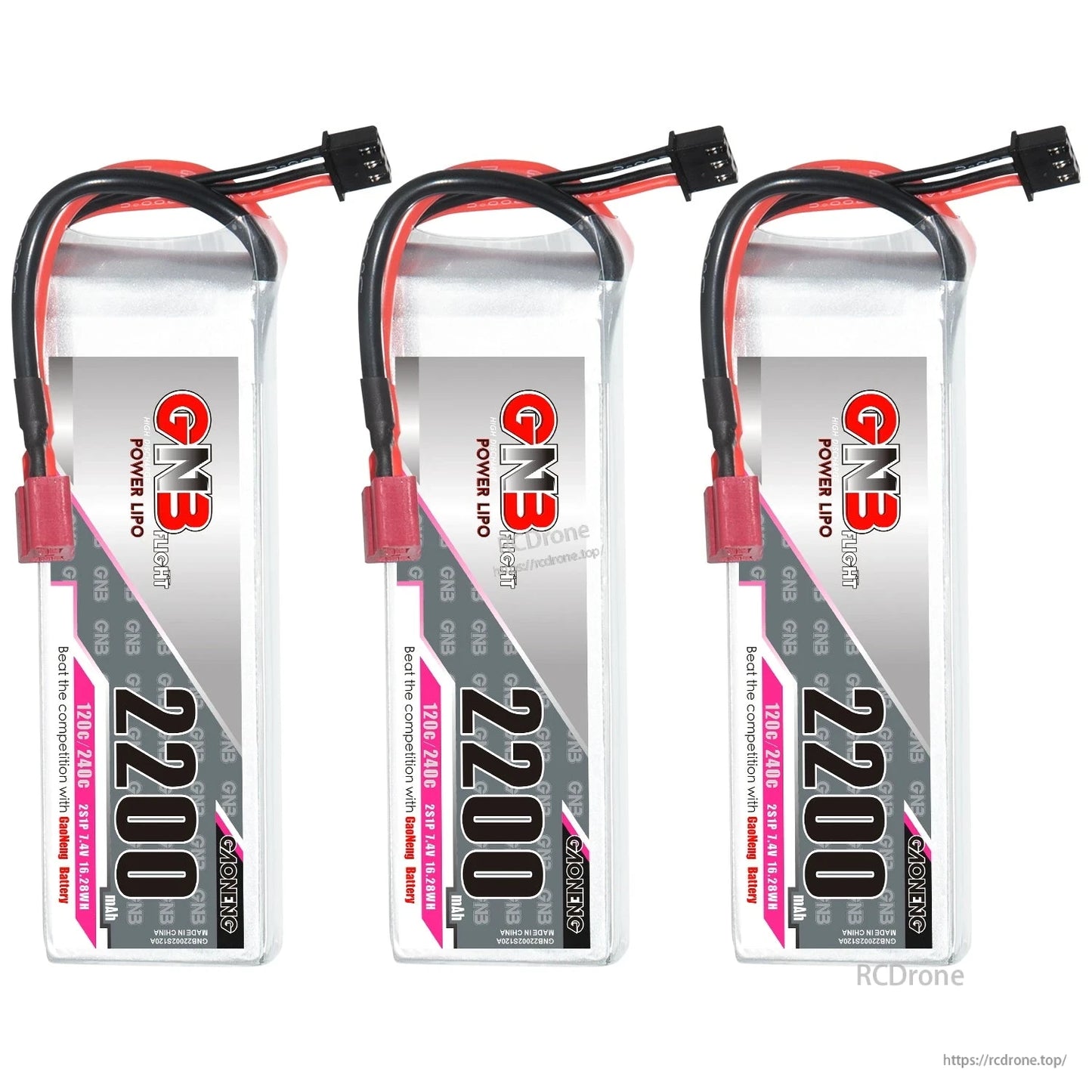 Three-pack vertical view of 2200mAh 2S LiPo batteries with T-plug connectors