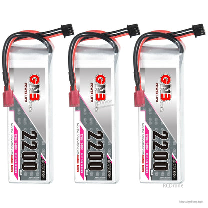 Three-pack vertical view of 2200mAh 2S LiPo batteries with T-plug connectors