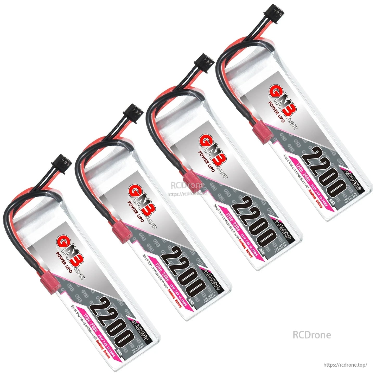 Four GAONENG 2200mAh 2S LiPo batteries shown in angled group arrangement