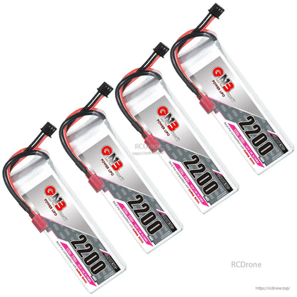 Four GAONENG 2200mAh 2S LiPo batteries shown in angled group arrangement