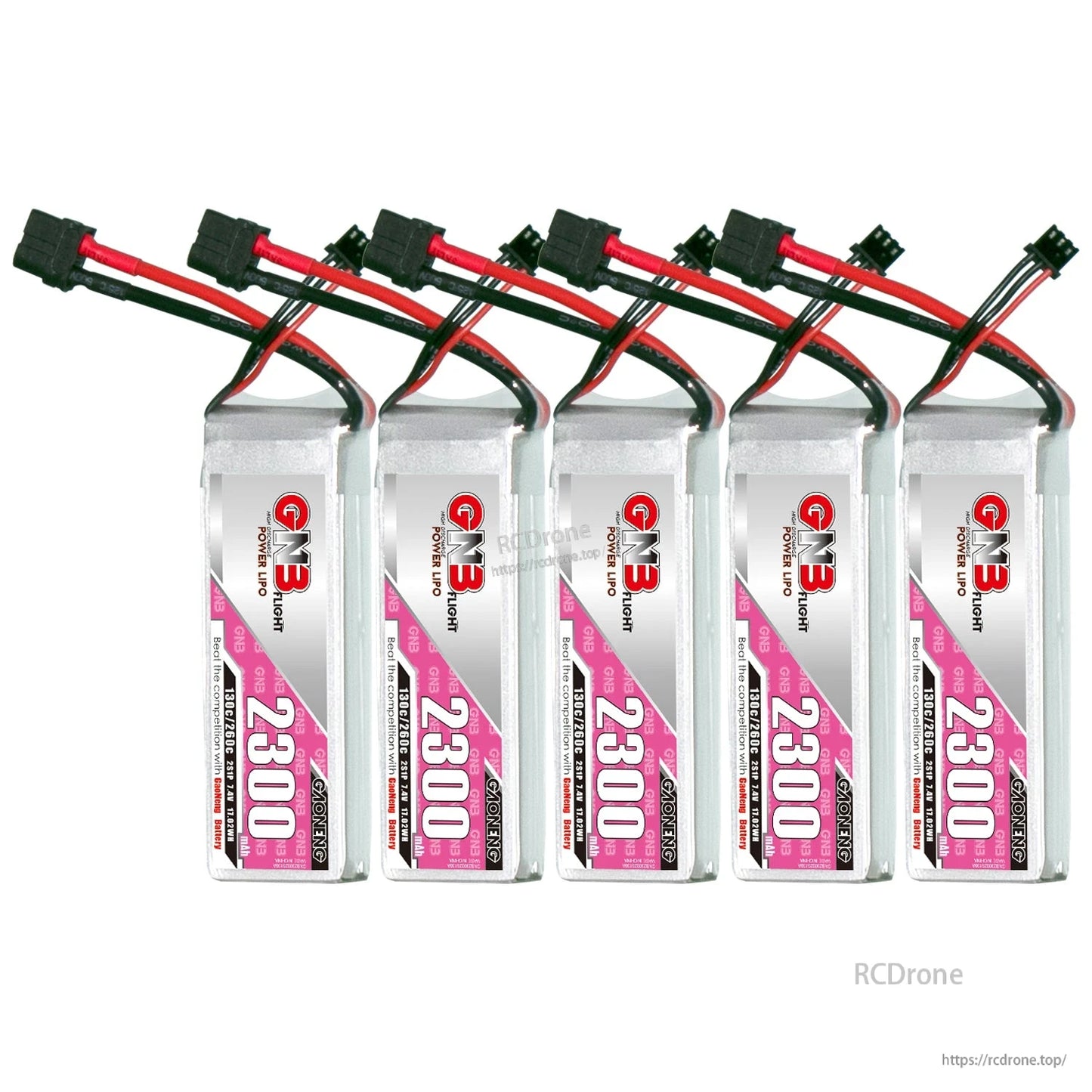 Five-pack bundle of GNB 2300mAh LiPo batteries with XT60 leads, group display