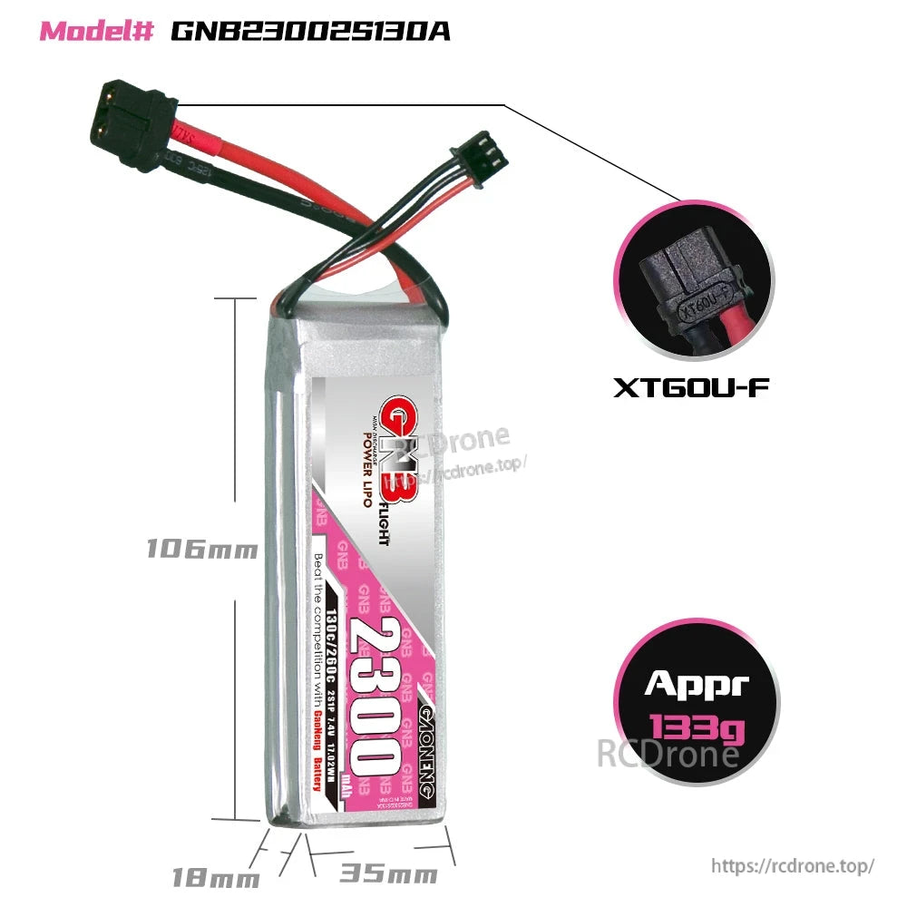 Battery dimensions diagram with XT60U-F connector callout and approx 133g weight