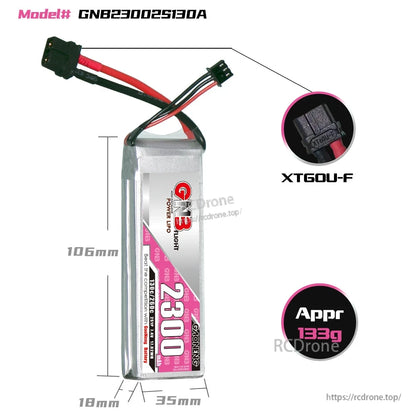 Battery dimensions diagram with XT60U-F connector callout and approx 133g weight