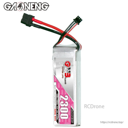 Front view of GNB 2300mAh LiPo battery with leads and balance connector