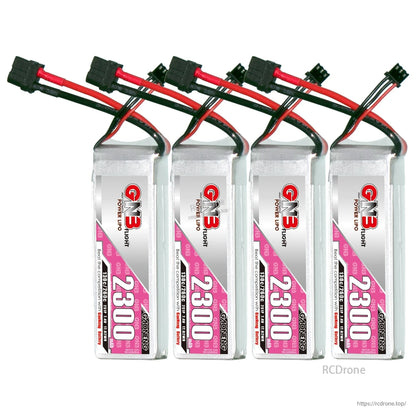 Four-pack set of GNB 2300mAh LiPo batteries lined up with balance plugs
