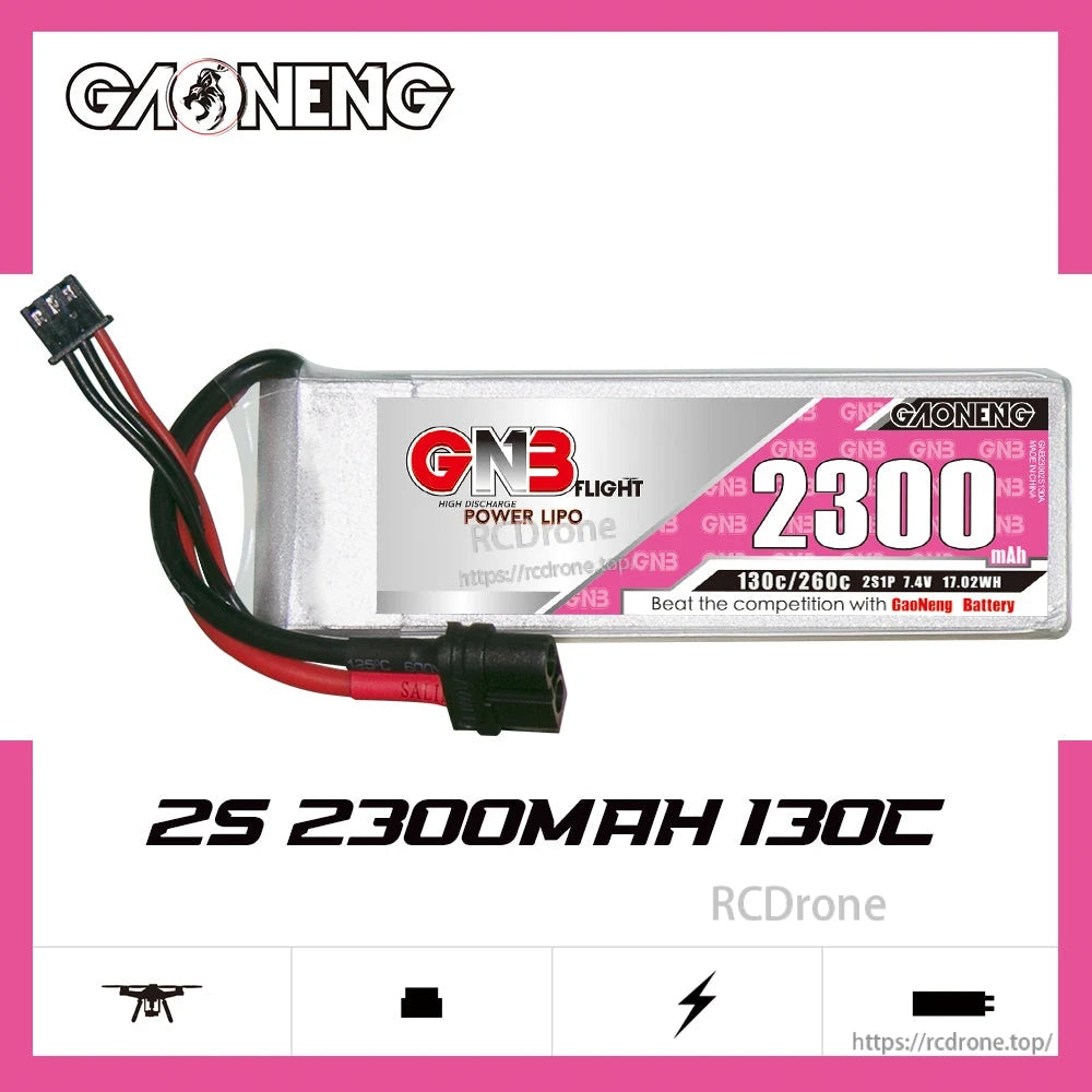 GNB 2300mAh 2S 130C LiPo battery label showing 7.4V and capacity on front sticker