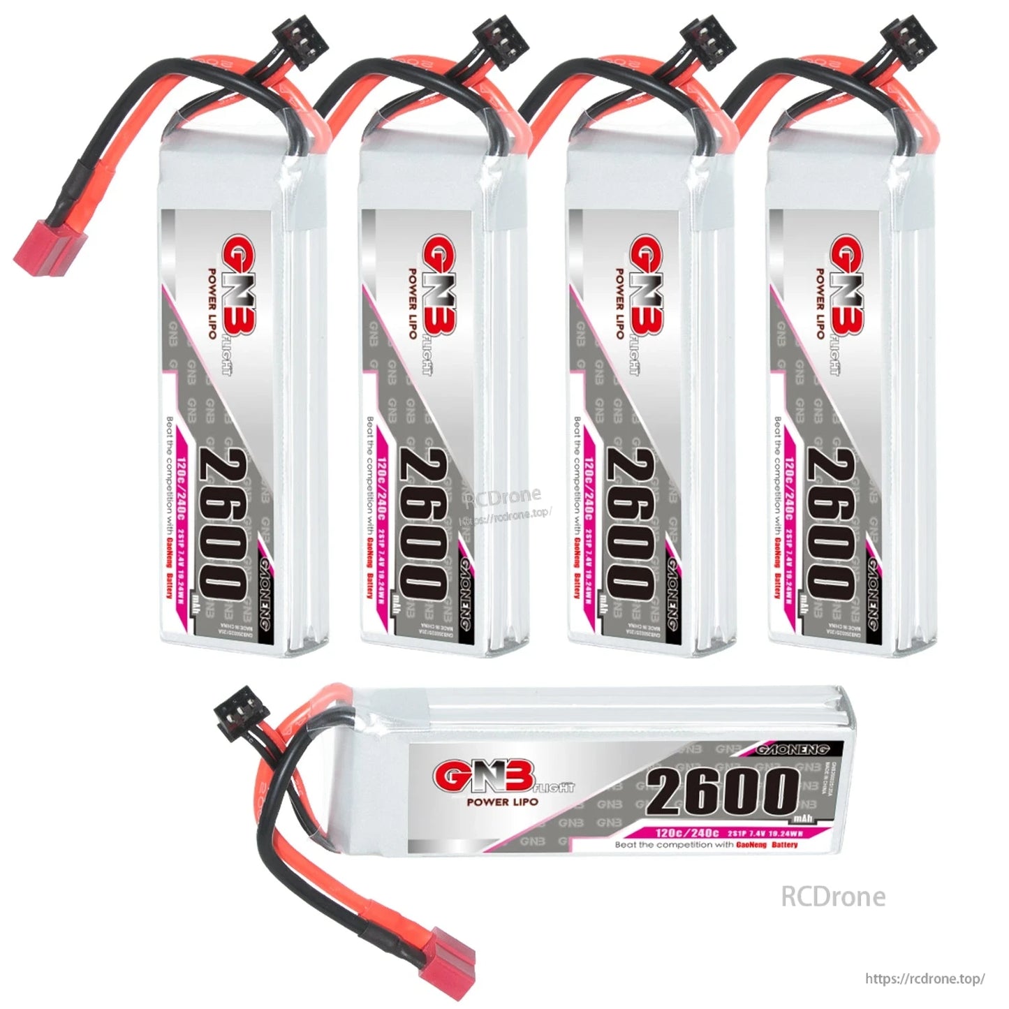 Five GNB 2600mAh 2S LiPo batteries shown in mixed upright and horizontal views