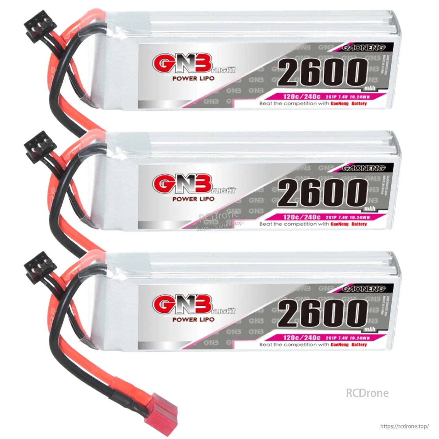 Three GNB 2600mAh 2S LiPo batteries lined up horizontally with labels facing forward